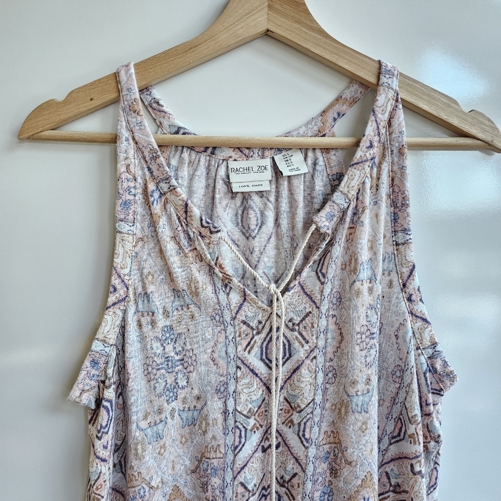 Rachel Zoe 100% Linen Pink Pastel Ikat Boho Tassel Tie Tank Top Small